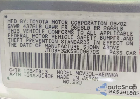 2003 Toyota Camry Le V6/Se V6/Xle V6 z USA, uszkodzony, nr VIN JTDBF32K530096705